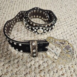 VTG 90s Nocona Belt Co Rhinestone Genuine Leather Western Belt Silver M EUC